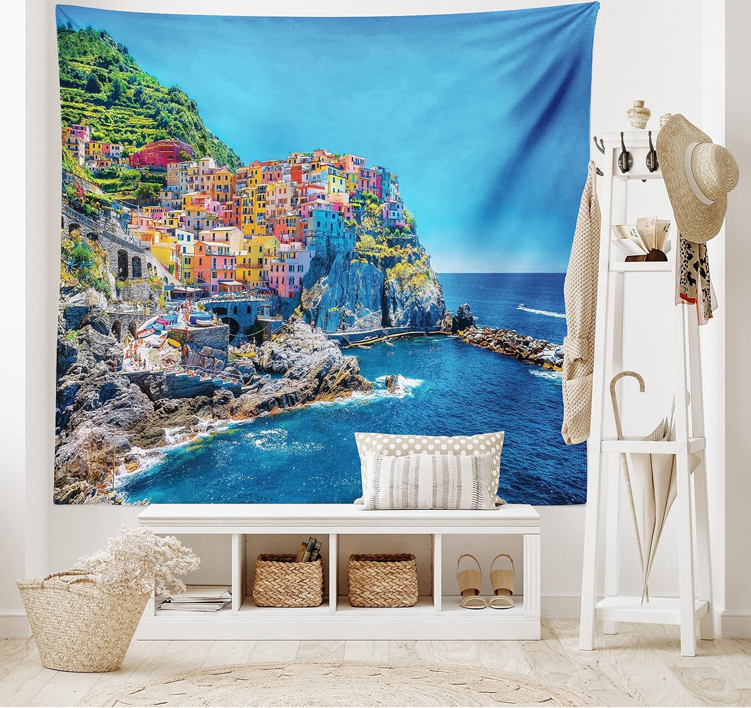 image:imageAmbesonne Scenery Tapestry Mediterranean Sea Traditional Italian Design Cliff Coastline Mountain Wide Wall Hanging for Bedroom Living Room Dorm 80 X 60 Yellow Pink and Blue