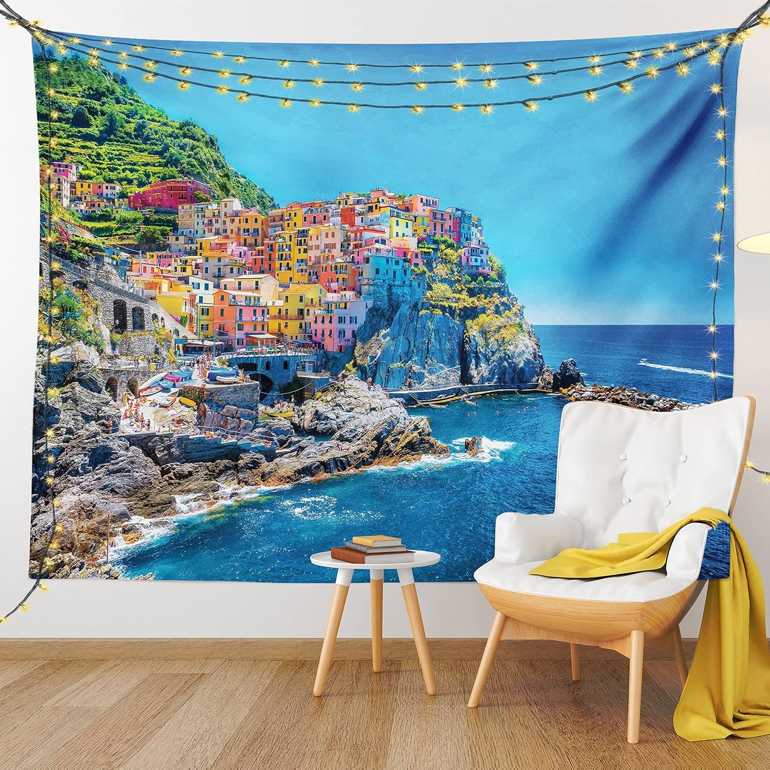 image:imageAmbesonne Scenery Tapestry Mediterranean Sea Traditional Italian Design Cliff Coastline Mountain Wide Wall Hanging for Bedroom Living Room Dorm 80 X 60 Yellow Pink and Blue