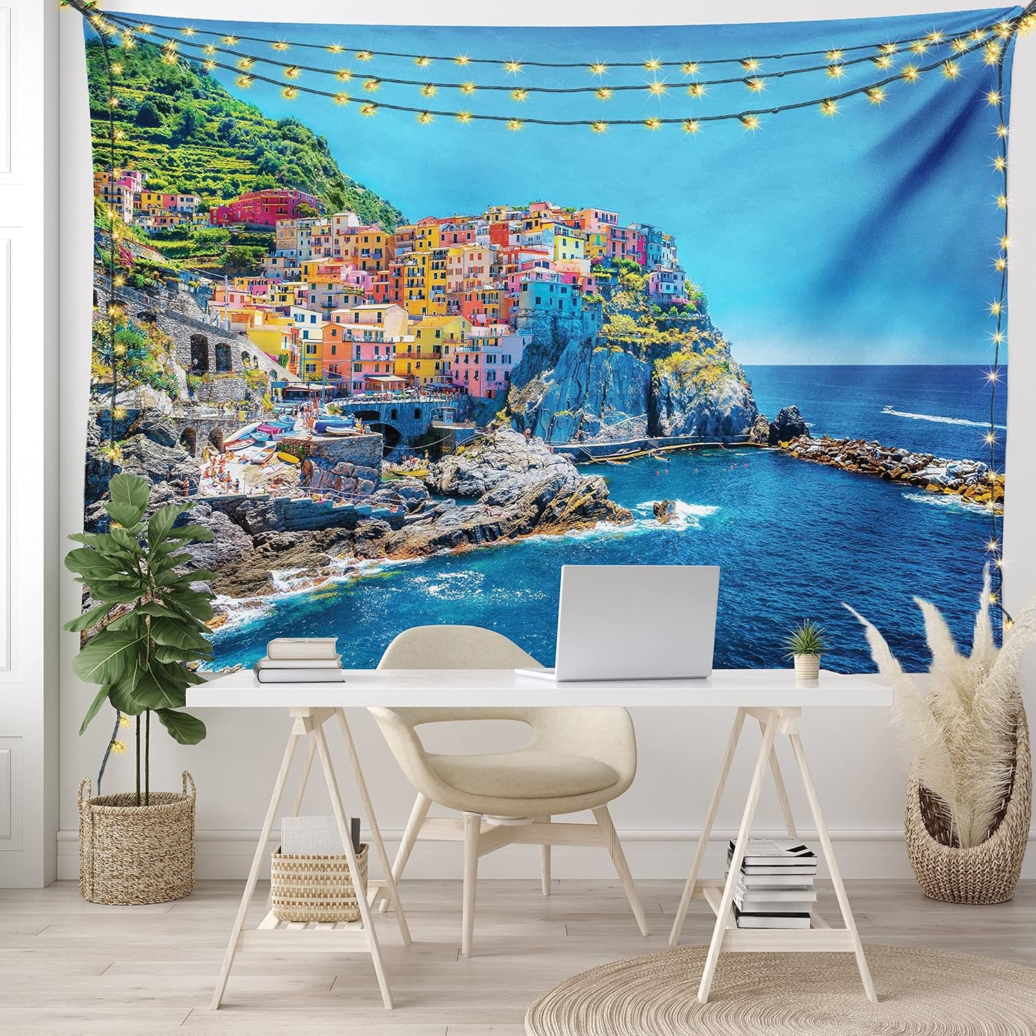 image:imageAmbesonne Scenery Tapestry Mediterranean Sea Traditional Italian Design Cliff Coastline Mountain Wide Wall Hanging for Bedroom Living Room Dorm 80 X 60 Yellow Pink and Blue