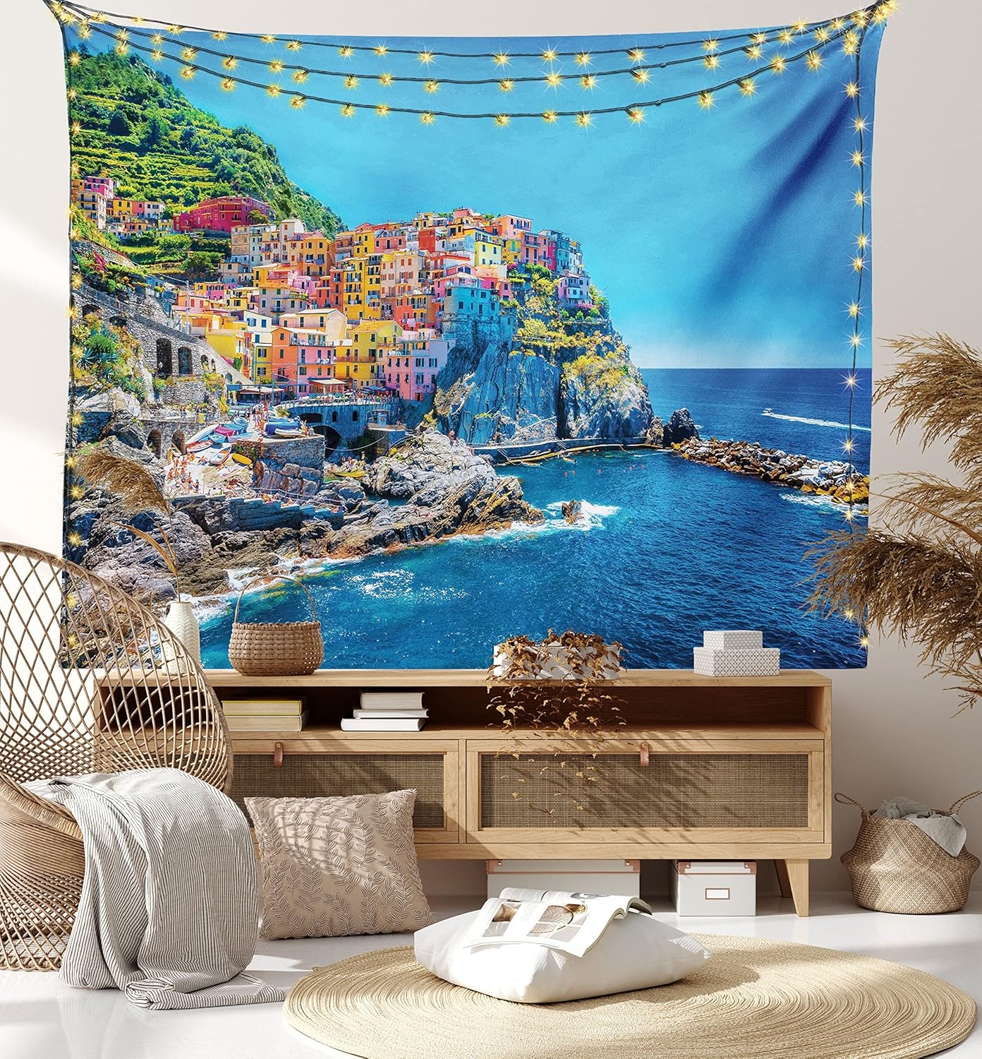 image:imageAmbesonne Scenery Tapestry Mediterranean Sea Traditional Italian Design Cliff Coastline Mountain Wide Wall Hanging for Bedroom Living Room Dorm 80 X 60 Yellow Pink and Blue