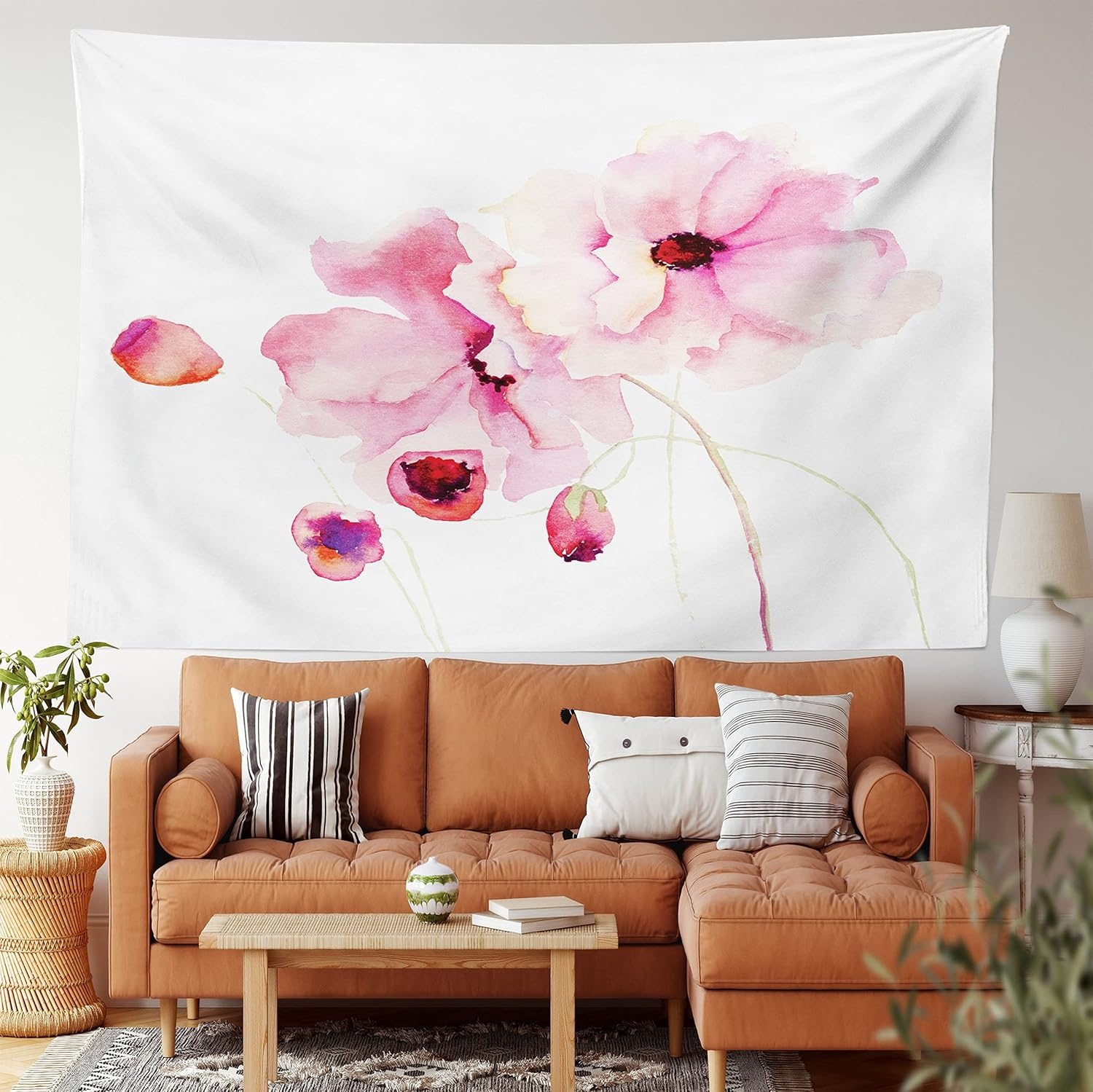 image:imageAmbesonne Watercolor Flower Tapestry Poppies in Soft Colors Dreamy Fresh Spring Season Inspired Image Wide Wall Hanging for Bedroom Living Room Dorm 80 X 60 Pale Pink White