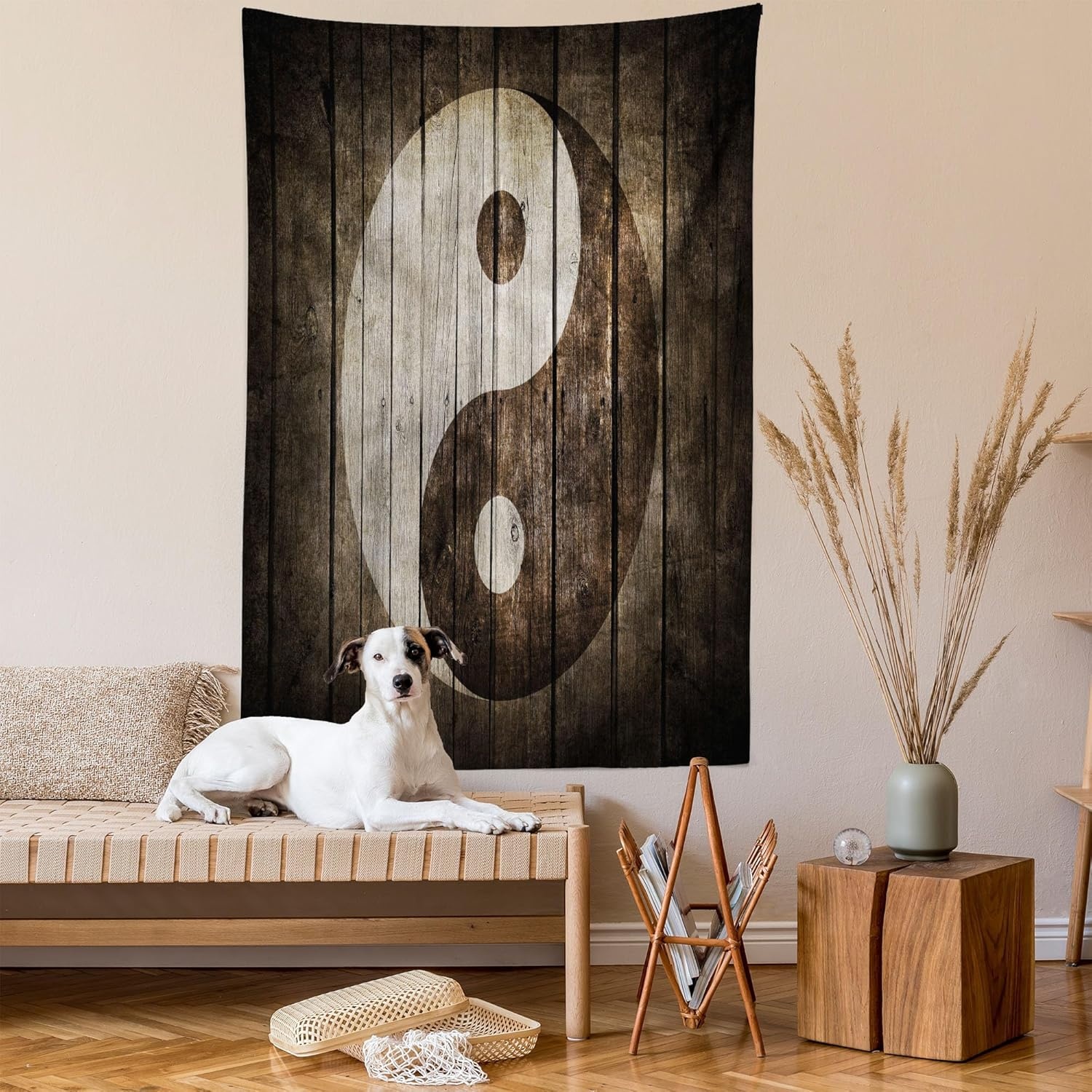 imageAmbesonne Ying Yang Tapestry Rustic Wood with Ying Yang Sign Art Grunge Design Peace Balance Yoga Nature Wall Hanging for Bedroom Living Room Dorm Decor 40 X 60 Beige Brown
