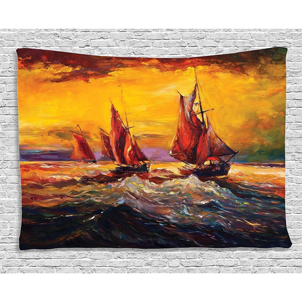 image:imageAmbesonne Country Tapestry Image of Old Sailboats Ships Cruising in Waves at Sunrise Time Dark Sky Art Wide Wall Hanging for Bedroom Living Room Dorm 80 X 60 Yellow Orange