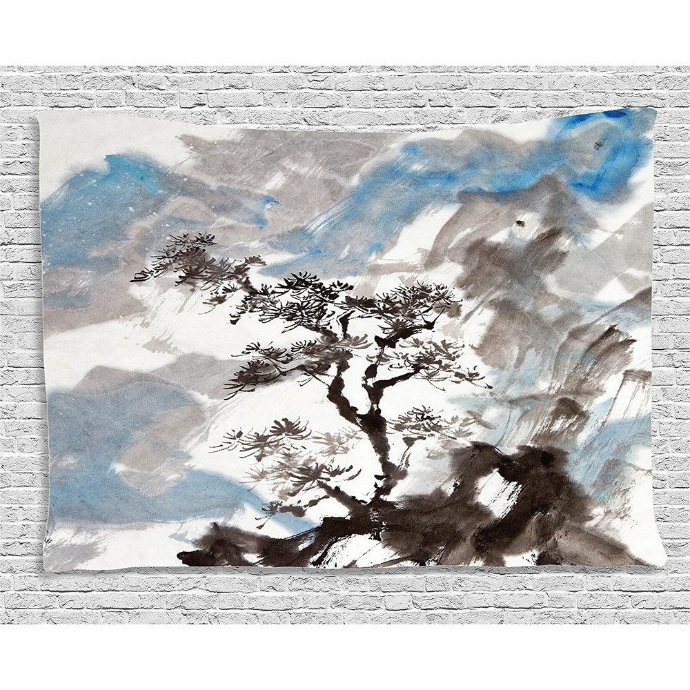 image:imageAmbesonne Japanese Tapestry Depiction of Pine Tree Landscape on Hill Mountain with Rough Blasts Wide Wall Hanging for Bedroom Living Room Dorm 80 X 60 Blue GreySilky Satin Fabric