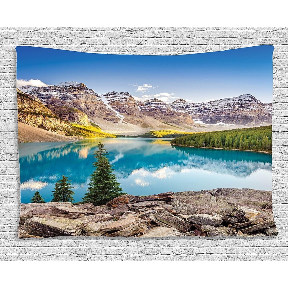 image:imageAmbesonne Landscape Tapestry Still Calm Lake and Mountain Landscape with Rock and Sky Dream Life Print Wide Wall Hanging for Bedroom Living Room Dorm 80 X 60 Blue Green Grey