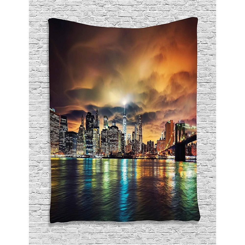 image:imageAmbesonne NYC Tapestry View of Manhattan at Sunset with Dramatic Sky Clouds Dark Architecture Evening Picture Wall Hanging for Bedroom Living Room Dorm Decor 60 X 80 MulticolorSilky Satin Fabric