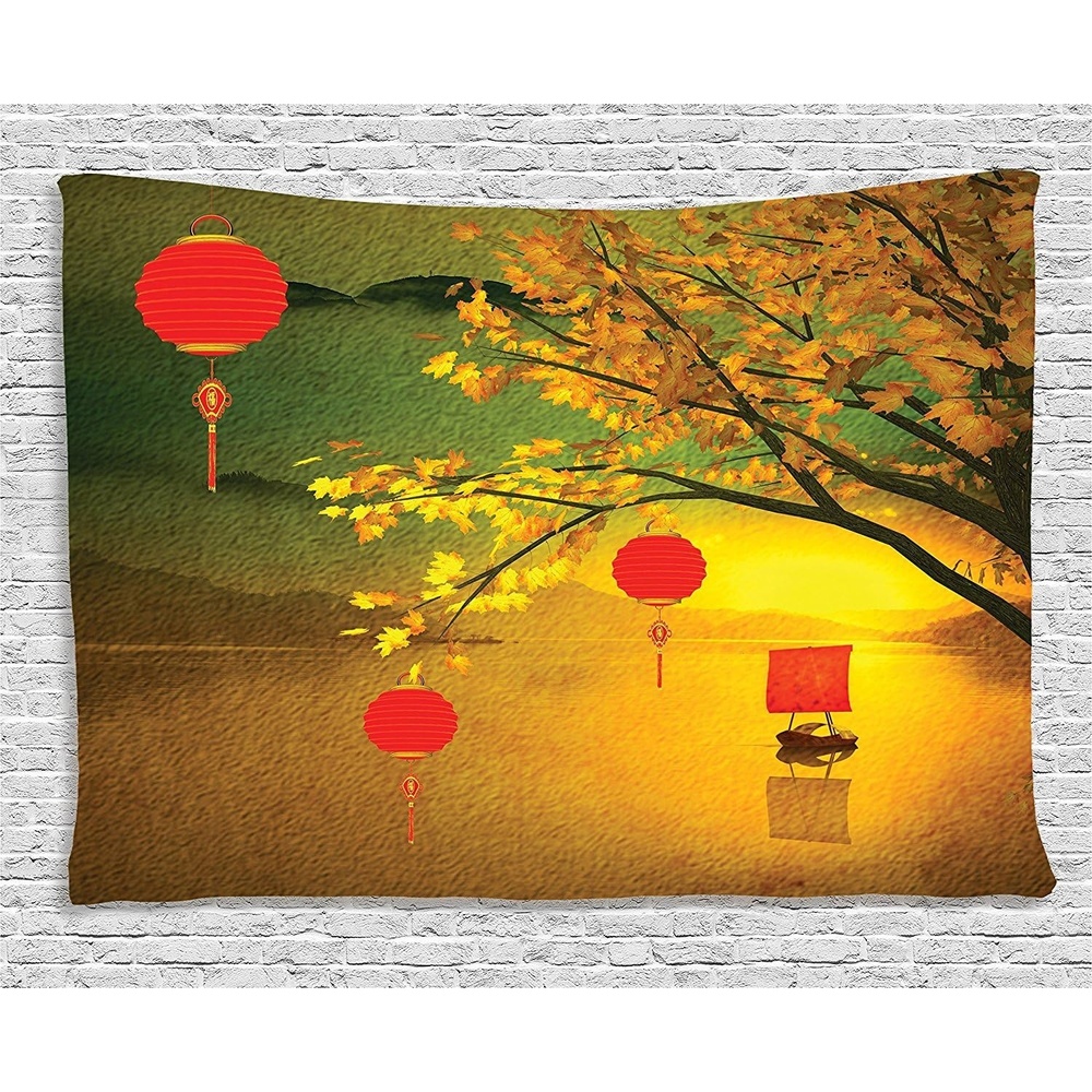image:imageAmbesonne Oriental Tapestry Traditional Chinese Folk Hanging from Pale Fall Trees Lake Faded Nature Photo Wide Wall Hanging for Bedroom Living Room Dorm 80 X 60 Yellow Green