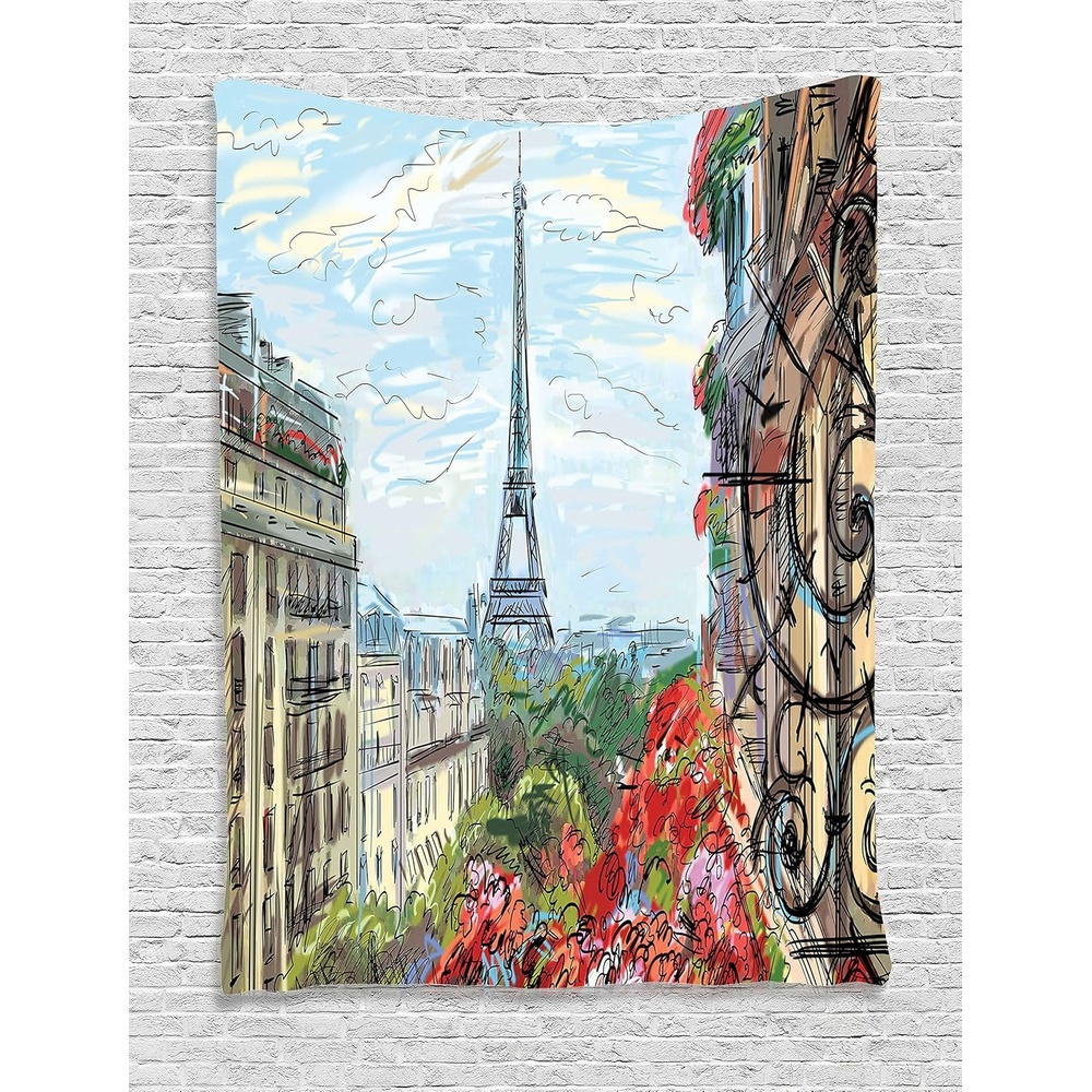 imageAmbesonne Paris Tapestry Street in Paris Town Traffic Trees Downtown Urban Life Monument Scenery Wall Hanging for Bedroom Living Room Dorm Decor 40 X 60 Blue Vermilion Green