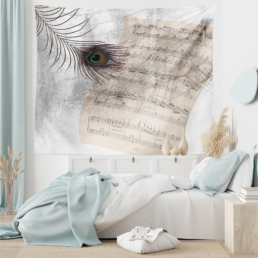 image:imageAmbesonne Peacock Tapestry Music Notes Sheet Texture Animal Feather Evil Eye on Antique Style Musical Theme Wide Wall Hanging for Bedroom Living Room Dorm 80 X 60 BeigeSilky Satin Fabric