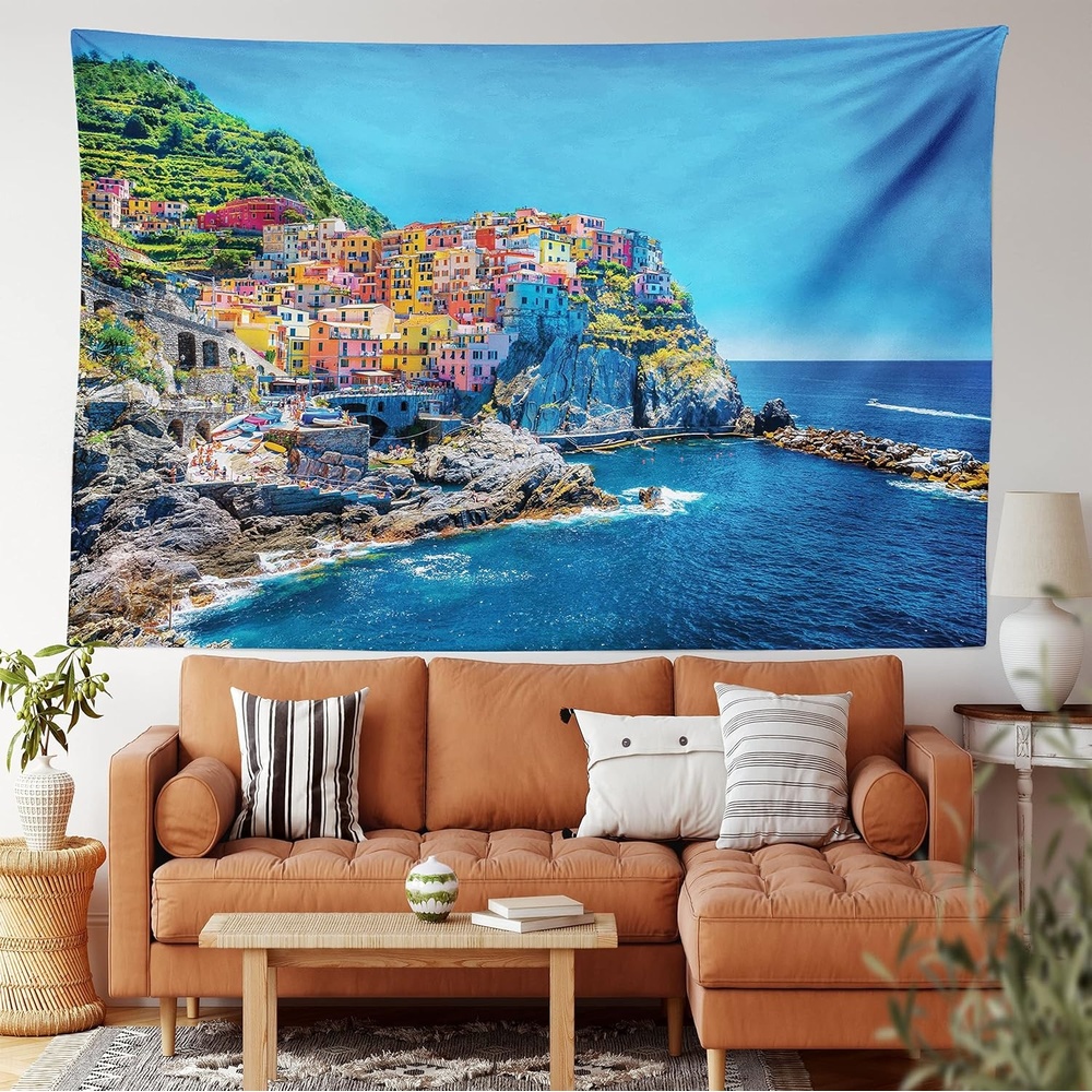 image:imageAmbesonne Scenery Tapestry Mediterranean Sea Traditional Italian Design Cliff Coastline Mountain Wide Wall Hanging for Bedroom Living Room Dorm 80 X 60 Yellow Pink and Blue