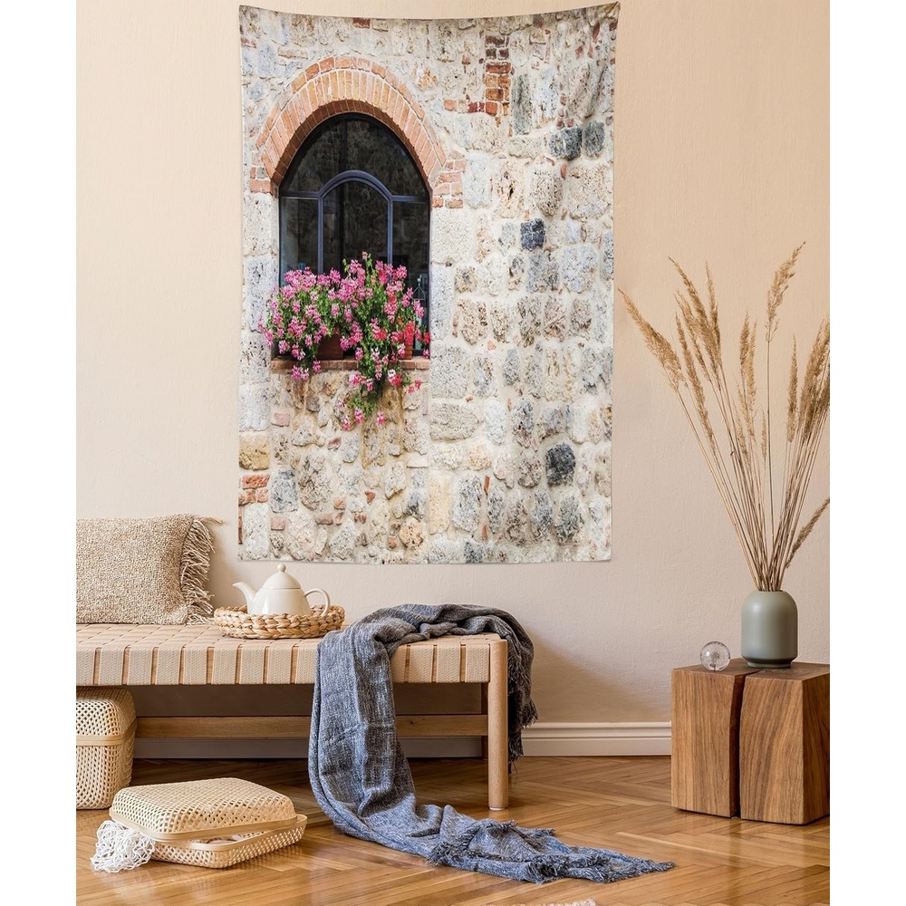 image:imageAmbesonne Tuscan Tapestry Gothic Architecture Abandoned Old Stone House Vintage Stairs in Tuscany Wall Hanging for Bedroom Living Room Dorm Decor 40 X 60 Ivory Pink and SalmonSilky Satin Fabric