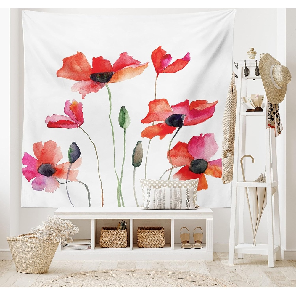 image:imageAmbesonne Watercolor Flower Tapestry Poppies Wildflowers Nature Meadow Painting Effect Illustration Wide Wall Hanging for Bedroom Living Room Dorm 80 X 60 Orange Coral