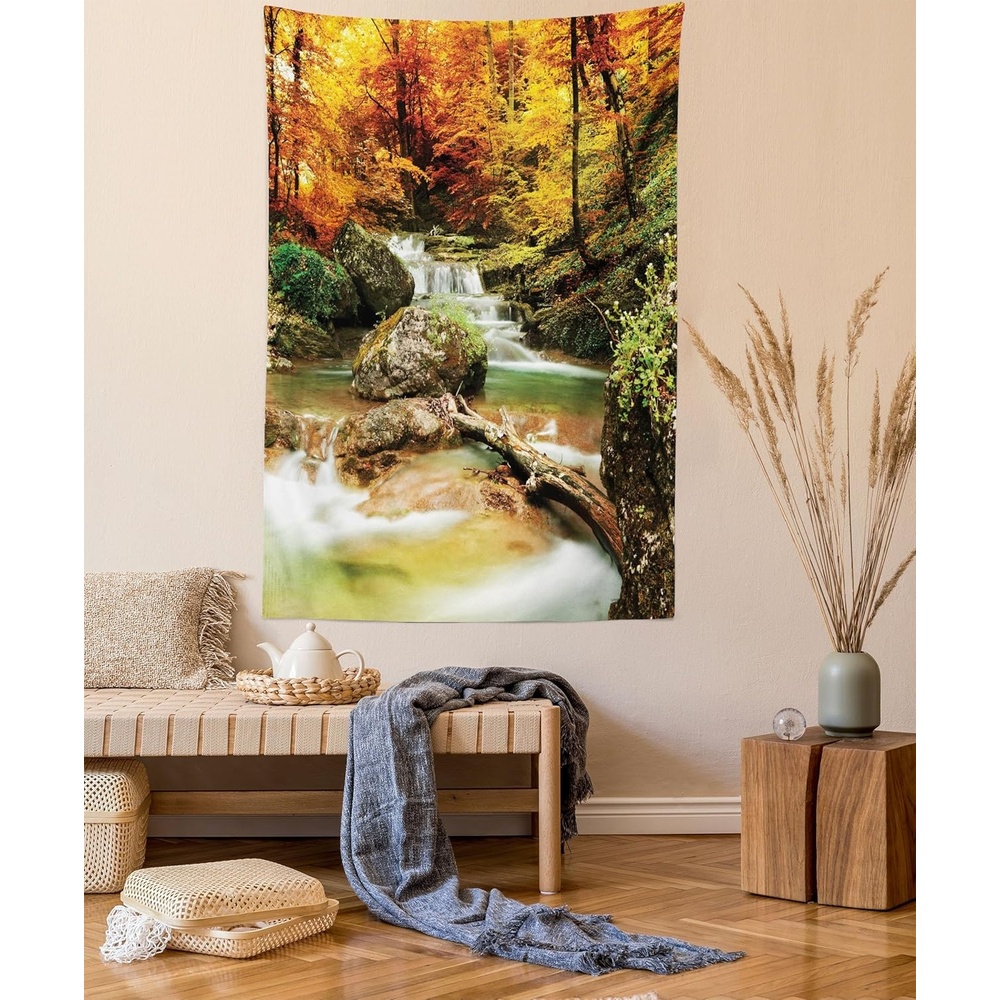 image:imageAmbesonne Waterfall Tapestry Autumn Seasonal Woodland Creek Trees Foliage Rocks in Forest Image Wall Hanging for Bedroom Living Room Dorm Decor 40 X 60 Brown OrangeSilky Satin Fabric