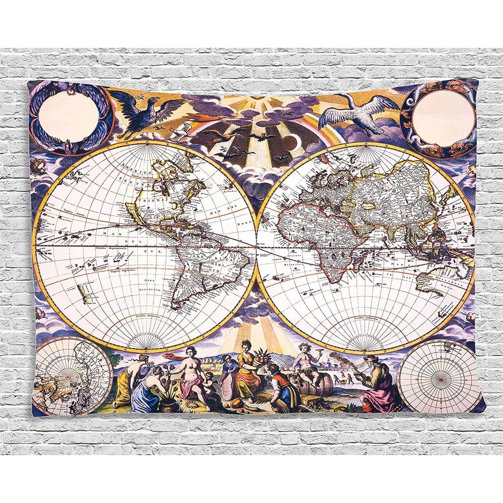 image:imageAmbesonne World Map Tapestry Antique Map with Farmers Field Sun Birds Clouds Fantasy Sky in Old Painting Style Wide Wall Hanging for Bedroom Living Room Dorm 80 X 60 Pastel Purple