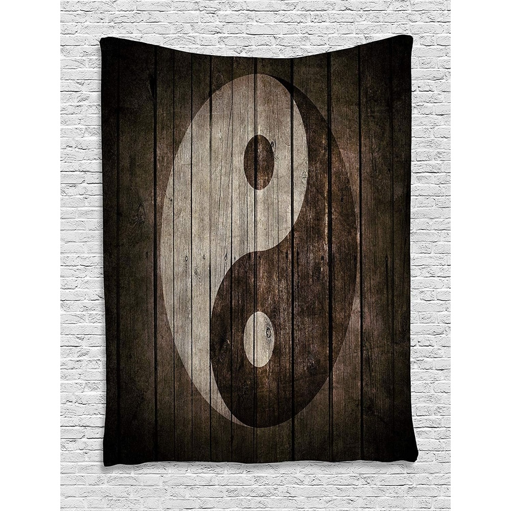 imageAmbesonne Ying Yang Tapestry Rustic Wood with Ying Yang Sign Art Grunge Design Peace Balance Yoga Nature Wall Hanging for Bedroom Living Room Dorm Decor 40 X 60 Beige Brown
