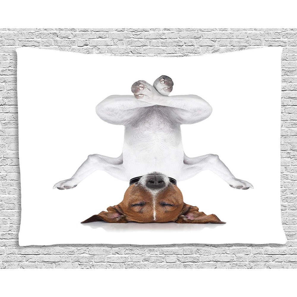 image:imageAmbesonne Yoga Tapestry Dog Upside down Relaxing Closed Eyes Meditating Calm Therapy Humor Animal Print Wide Wall Hanging for Bedroom Living Room Dorm 80 X 60 Brown White