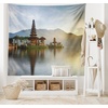 Ambesonne Balinese Tapestry, Pura Ulun Danu Building Panorama Sunrise on Lake Bratan Bali Indonesia Waterscape, Wide Wall Hanging for Bedroom Living Room Dorm, 80″ X 60″, Beige Brown