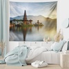 Ambesonne Balinese Tapestry, Pura Ulun Danu Building Panorama Sunrise on Lake Bratan Bali Indonesia Waterscape, Wide Wall Hanging for Bedroom Living Room Dorm, 80″ X 60″, Beige Brown