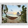Ambesonne Beach Tapestry, Hammock on Sandy Beach Palm Trees and Wooden Jetty Sunset View Print, Wide Wall Hanging for Bedroom Living Room Dorm, 60″ X 40″, Green Brown(Silky Satin Fabric)