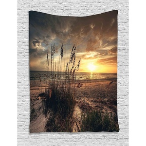 Ambesonne Beach Tapestry, Calm Coastal Scene with Horizon in The Middle of Nowhere Cloudy Sunset Ocean Picture, Wall Hanging for Bedroom Living Room Dorm Decor, 60″ X 80″, Yellow Tan
