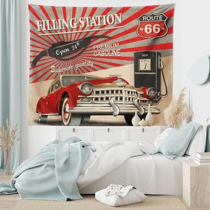 Ambesonne Cars Tapestry, Poster Style Image Gasoline Station Commercial Element Route 66 IllustrationPrint, Wide Wall Hanging for Bedroom Living Room Dorm, 80″ X 60″, Vermilion Beige