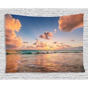 Ambesonne Clouds Tapestry, Sunrise Over Tropical Exotic Caribbean Sea Ocean Landscape Relax Rest Calm Theme, Wide Wall Hanging for Bedroom Living Room Dorm, 80″ X 60″, Blue Soft Pink