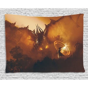 Ambesonne Fantasy Tapestry, Calling of the Dragon Magician for Evil Powers of the Universe Art Print, Wide Wall Hanging for Bedroom Living Room Dorm, 80″ X 60″, Orange Brown