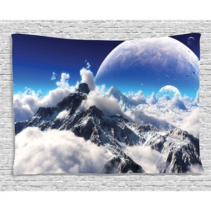 Ambesonne Fantasy Tapestry, Celestial View of Snow Capped Mountains and Alien Planet Print, Wide Wall Hanging for Bedroom Living Room Dorm, 60″ X 40″, White and Navy Blue(Navy Blue)