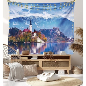 Ambesonne Fantasy Tapestry, Celestial View of Snow Capped Mountains and Alien Planet Print, Wide Wall Hanging for Bedroom Living Room Dorm, 60″ X 40″, White and Navy Blue(Blue Lavender)