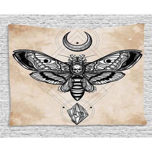 Ambesonne Fantasy Tapestry, Dead Head Hawk Moth Luna and Stone Magic Skull Illustration, Wide Wall Hanging for Bedroom Living Room Dorm, 60″ X 40″, Black Beige