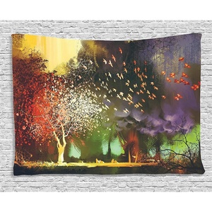 Ambesonne Fantasy Tapestry, Forest with Mysterious Trees and Birds Supernatural Vivid Wonder World, Wide Wall Hanging for Bedroom Living Room Dorm, 60″ X 40″, Yellow Purple