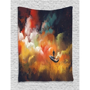 Ambesonne Fantasy Tapestry, Man on a Boat Floating Within Nebula Cloud in Vivid Colorful Psychedelic Background, Wall Hanging for Bedroom Living Room Dorm Decor, 60″ X 80″, Night Blue