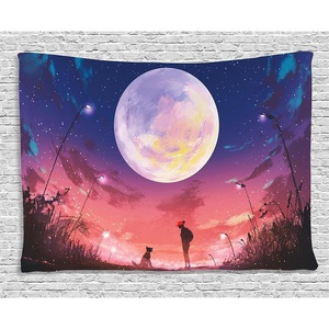 Ambesonne Fantasy Tapestry, Young Woman with a Dog Under Huge Moon Starry Sky Celestial Friendship Art, Wide Wall Hanging for Bedroom Living Room Dorm, 60″ X 40″, Coral Indigo