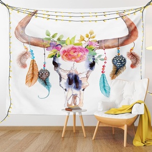 Ambesonne Feather Tapestry, Watercolor Style Bull Skull Ornaments Vibrant Image, Wide Wall Hanging for Bedroom Living Room Dorm, 60″ X 40″, White Brown
