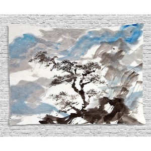 Ambesonne Japanese Tapestry, Depiction of Pine Tree Landscape on Hill Mountain with Rough Blasts, Wide Wall Hanging for Bedroom Living Room Dorm, 80″ X 60″, Blue Grey(Silky Satin Fabric)