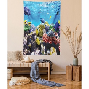 Ambesonne Japanese Tapestry, Path to Forest in Kyoto Japan Japanese Landscape Fish Eye Shot Photo Print, Wide Wall Hanging for Bedroom Living Room Dorm, 60″ X 40″, Fern Green Redwood(Ceil Blue)