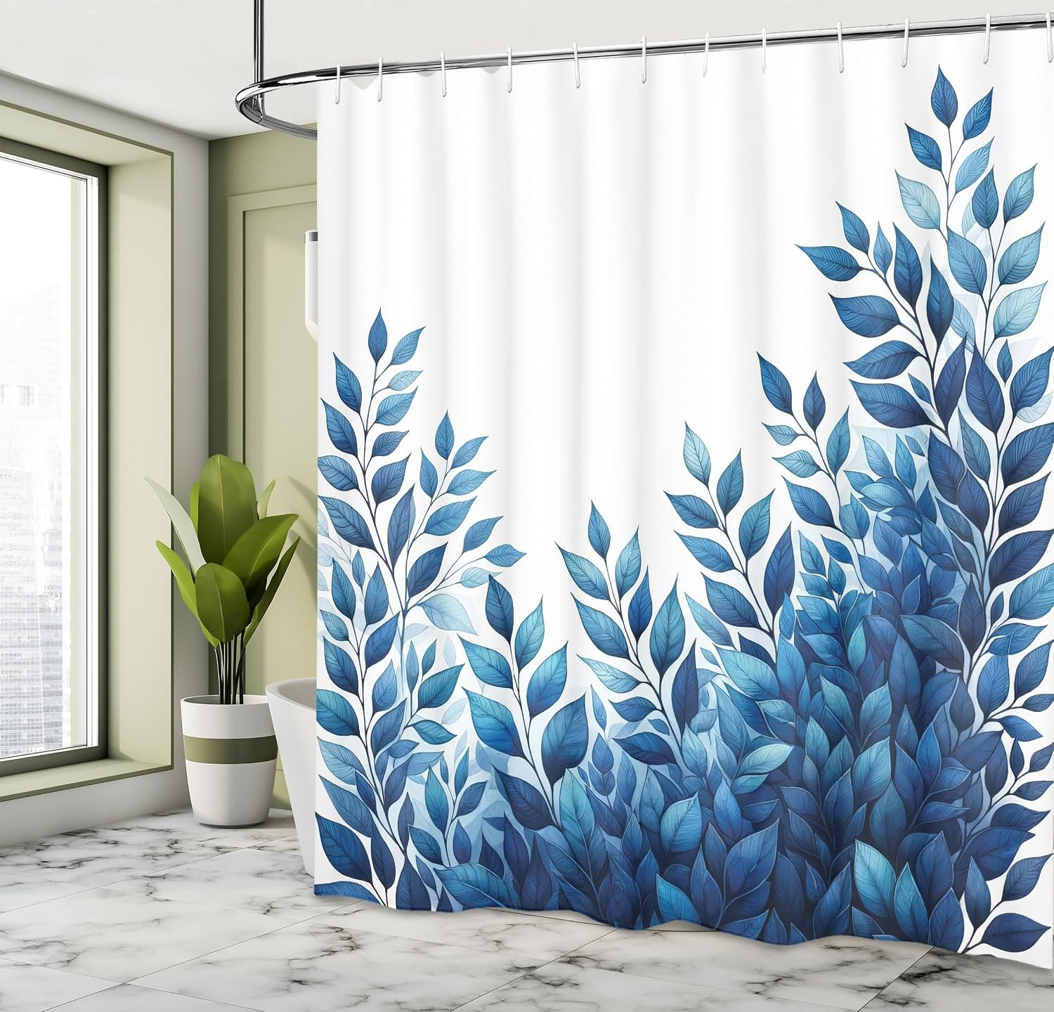 image:imageAmbesonne Blue Shower Curtain Romantic Jumble Leaves with Cold Tone on Plain Backdrop Simple Winter Jungle Cloth Fabric Bathroom Decor Set with Hooks 69 W x 75 L Dark Sky Blue White