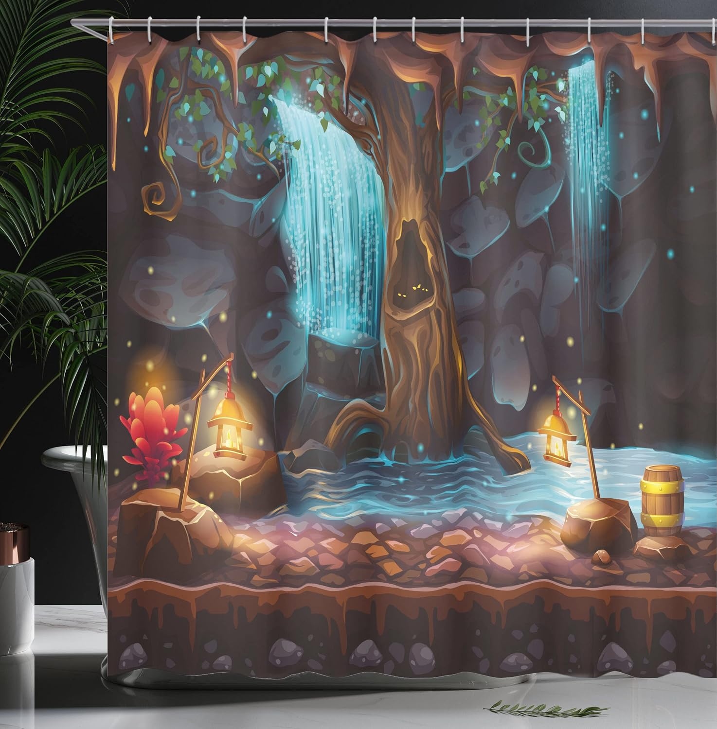 image:imageAmbesonne Floral Shower Curtain Illustration of Poppy Flowers Oil Painting on Canvas Romantic Design Print Cloth Fabric Bathroom Decor Set with Hooks 69 W x 70 L Yellow OrangeBrown Blue