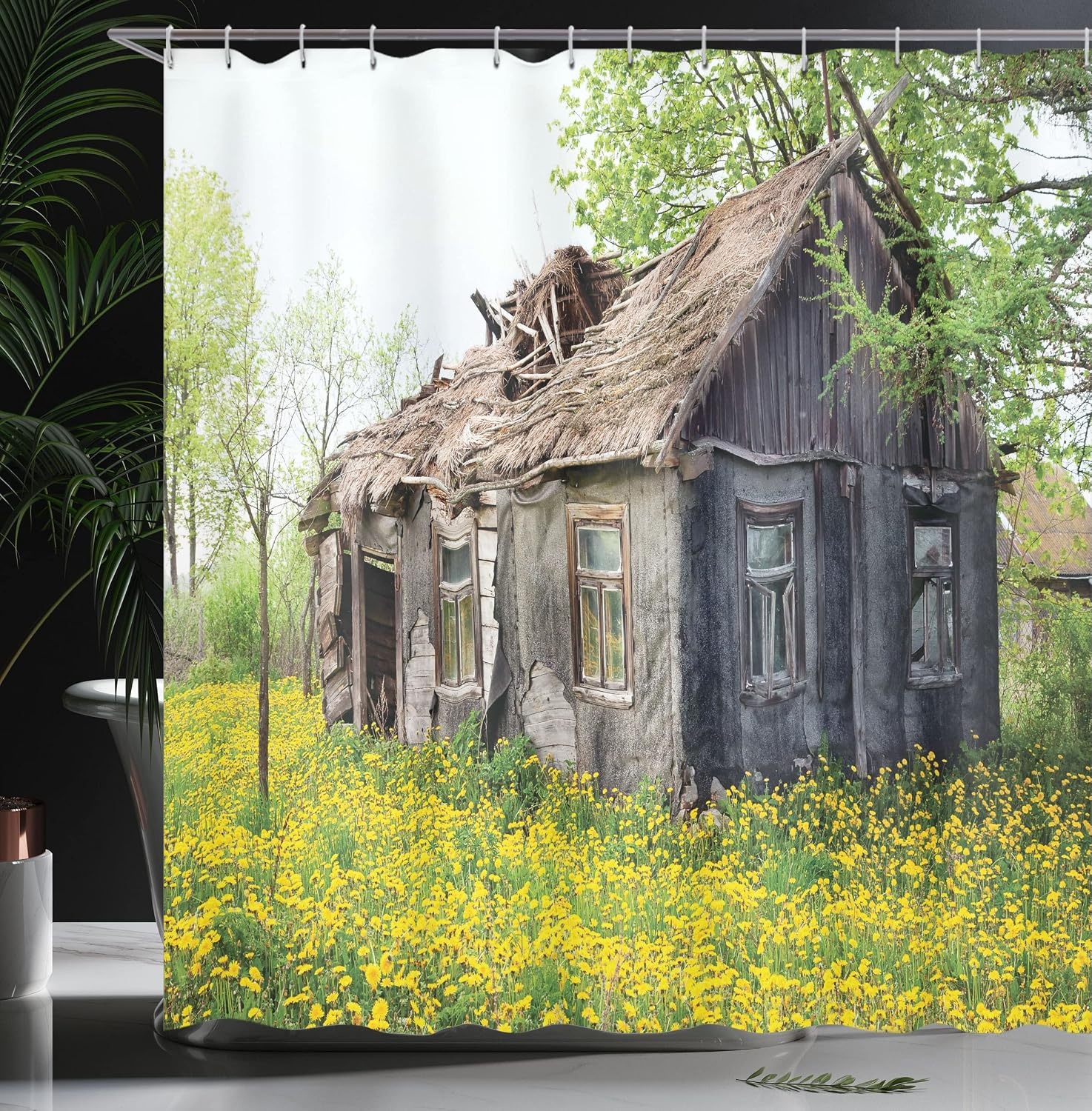 image:imageAmbesonne Floral Shower Curtain Illustration of Poppy Flowers Oil Painting on Canvas Romantic Design Print Cloth Fabric Bathroom Decor Set with Hooks 69 W x 70 L Yellow OrangeBrown Green