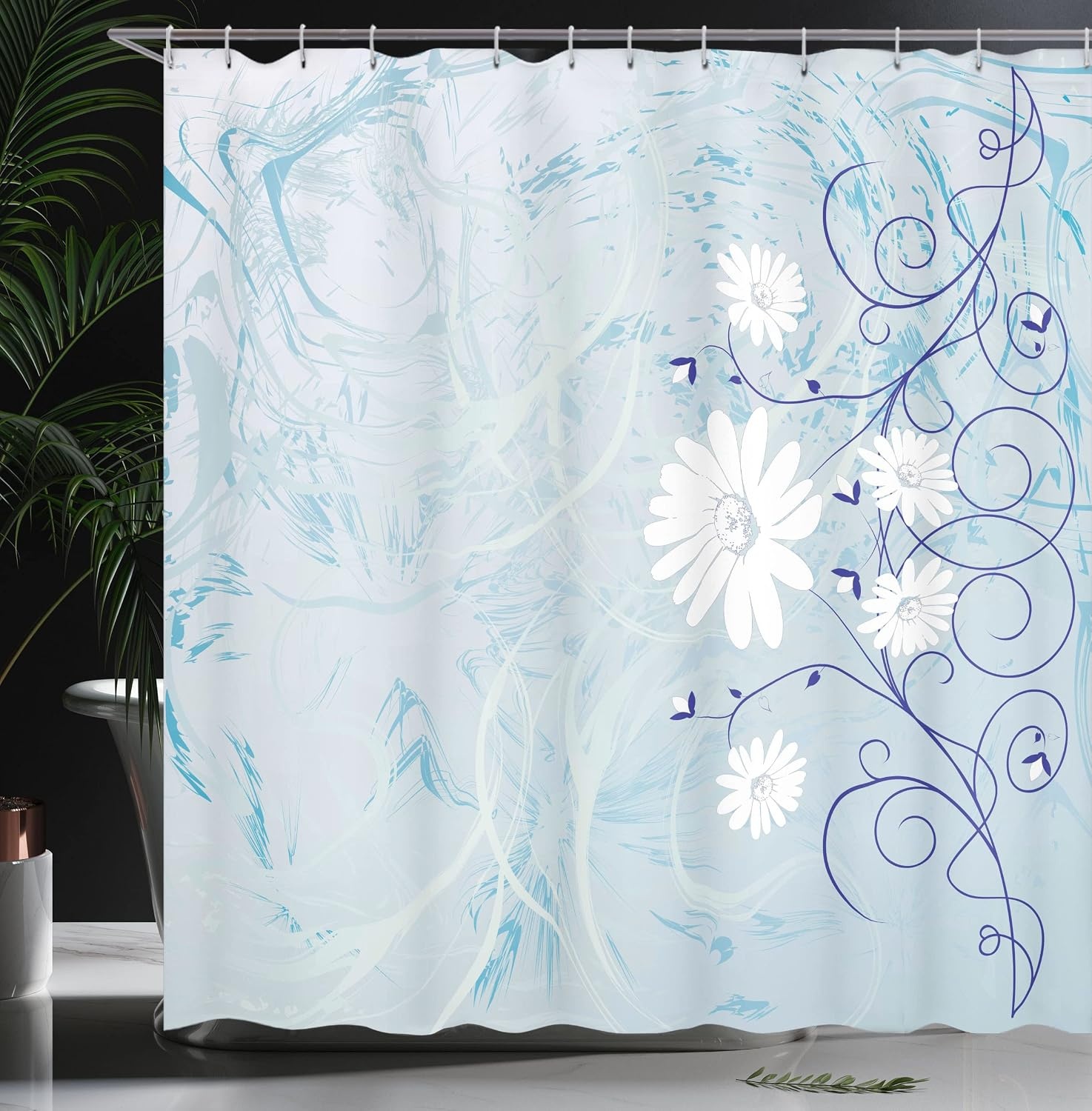 image:imageAmbesonne Floral Shower Curtain Illustration of Poppy Flowers Oil Painting on Canvas Romantic Design Print Cloth Fabric Bathroom Decor Set with Hooks 69 W x 70 L Yellow OrangePale Blue and White