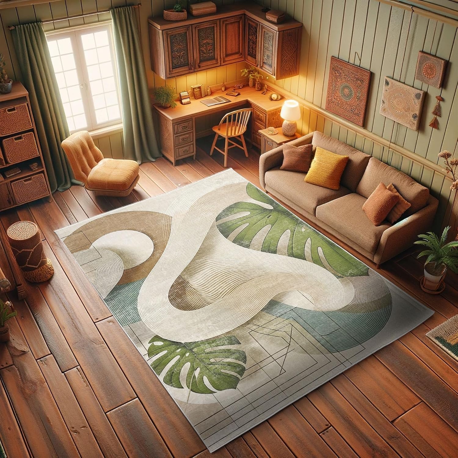 image:imageAmbesonne Modern Boho Decorative Rug Contemporary Urban Jungle Monstera Leaves with Mid Century Lines Quality Carpet for Bedroom Dorm and Living Room 2 2 x 3 7 Olive Green Beige CaramelOlive Green Beige Caramel