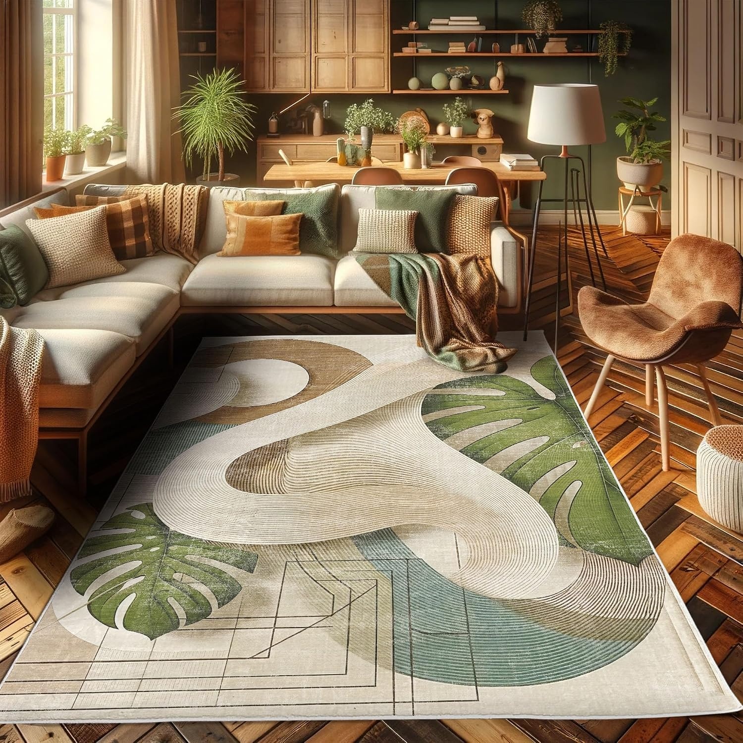 image:imageAmbesonne Modern Boho Decorative Rug Contemporary Urban Jungle Monstera Leaves with Mid Century Lines Quality Carpet for Bedroom Dorm and Living Room 2 2 x 3 7 Olive Green Beige CaramelOlive Green Beige Caramel