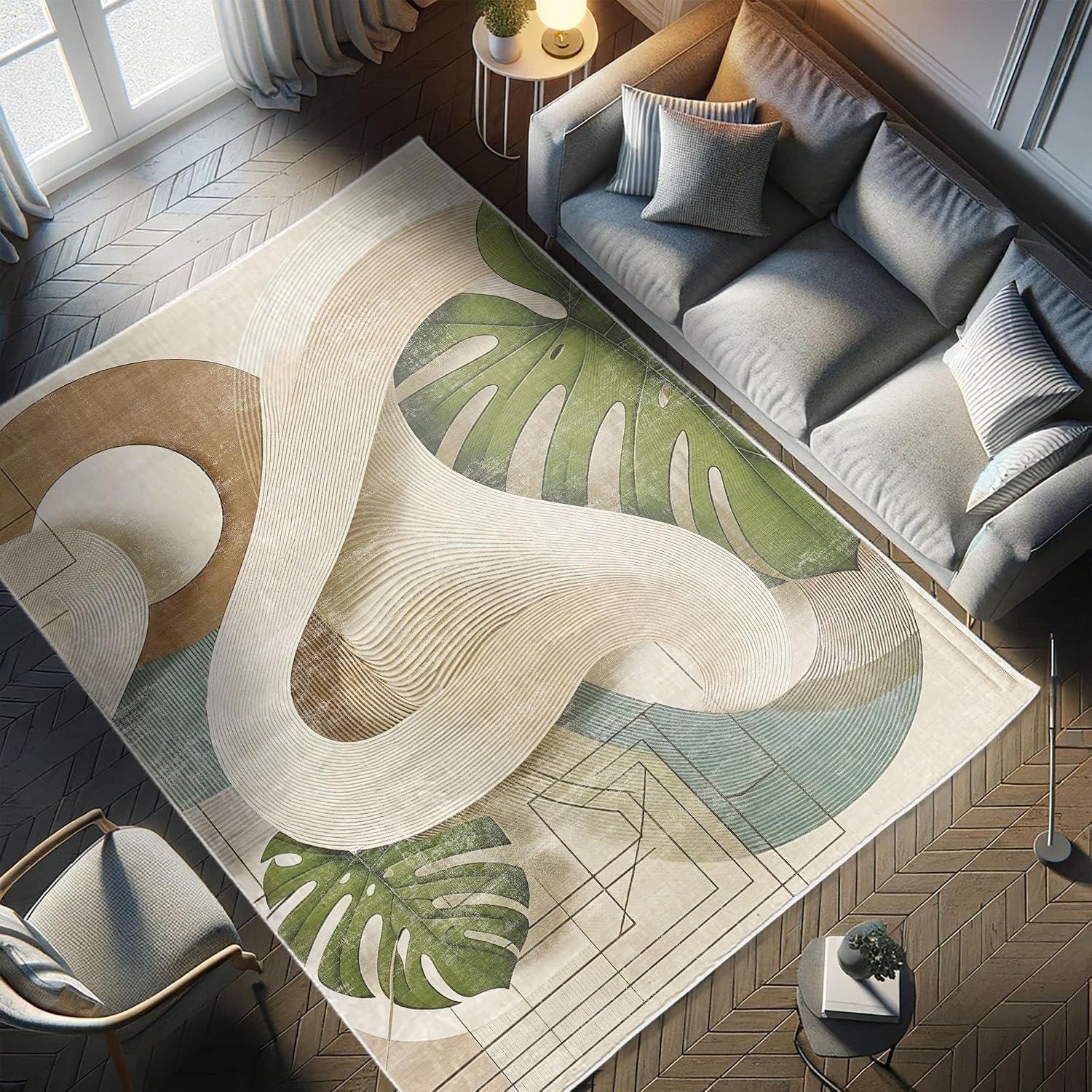image:imageAmbesonne Modern Boho Decorative Rug Contemporary Urban Jungle Monstera Leaves with Mid Century Lines Quality Carpet for Bedroom Dorm and Living Room 2 2 x 3 7 Olive Green Beige CaramelOlive Green Beige Caramel
