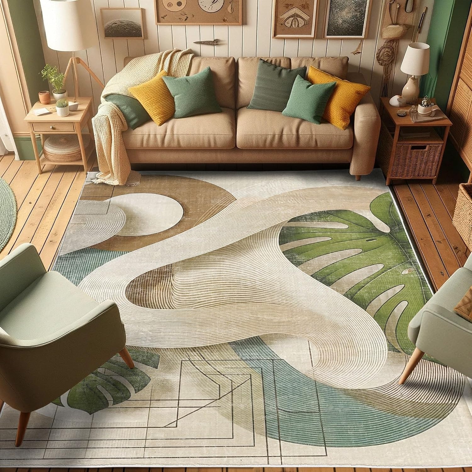 image:imageAmbesonne Modern Boho Decorative Rug Contemporary Urban Jungle Monstera Leaves with Mid Century Lines Quality Carpet for Bedroom Dorm and Living Room 2 2 x 3 7 Olive Green Beige CaramelOlive Green Beige Caramel