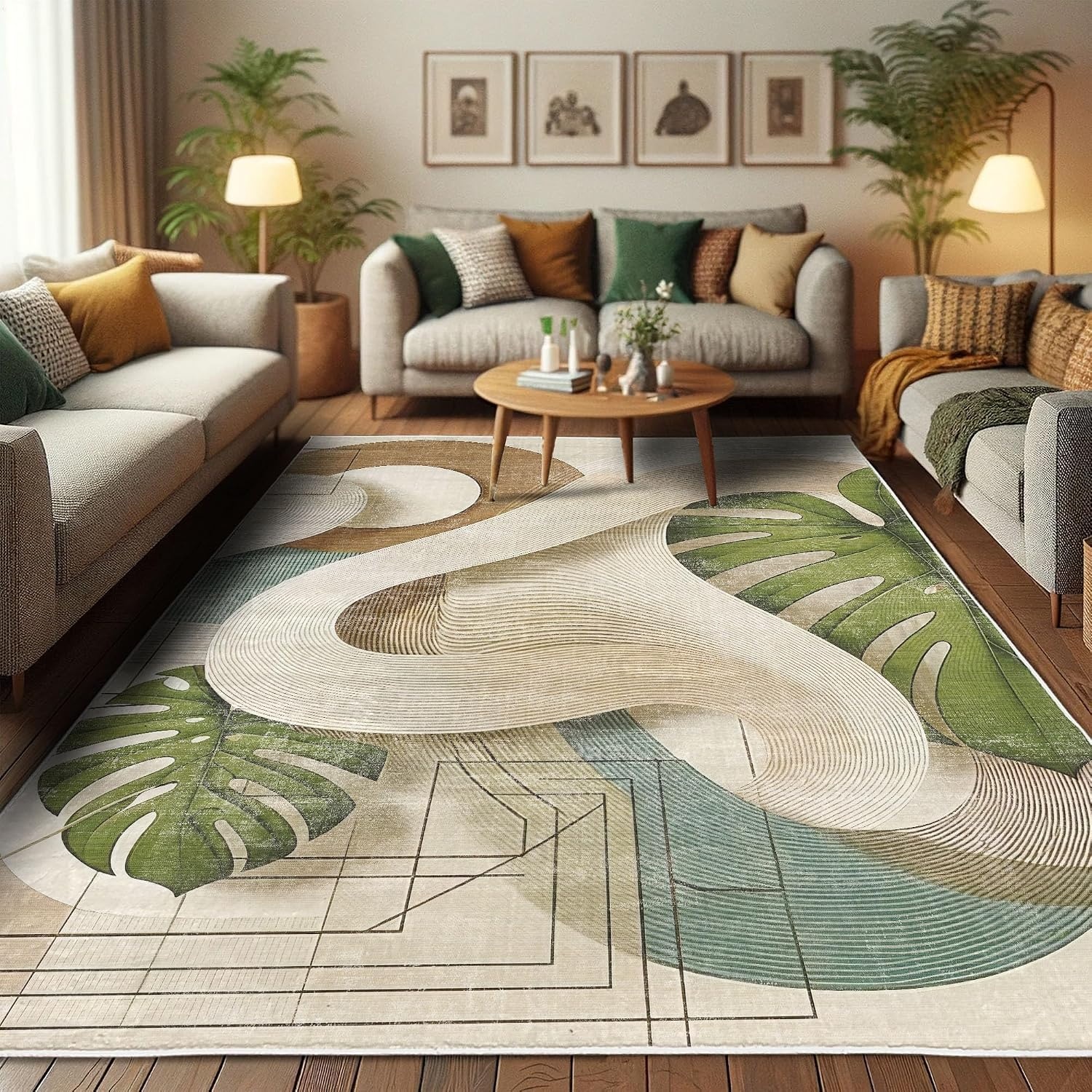 image:imageAmbesonne Modern Boho Decorative Rug Contemporary Urban Jungle Monstera Leaves with Mid Century Lines Quality Carpet for Bedroom Dorm and Living Room 2 2 x 3 7 Olive Green Beige CaramelOlive Green Beige Caramel