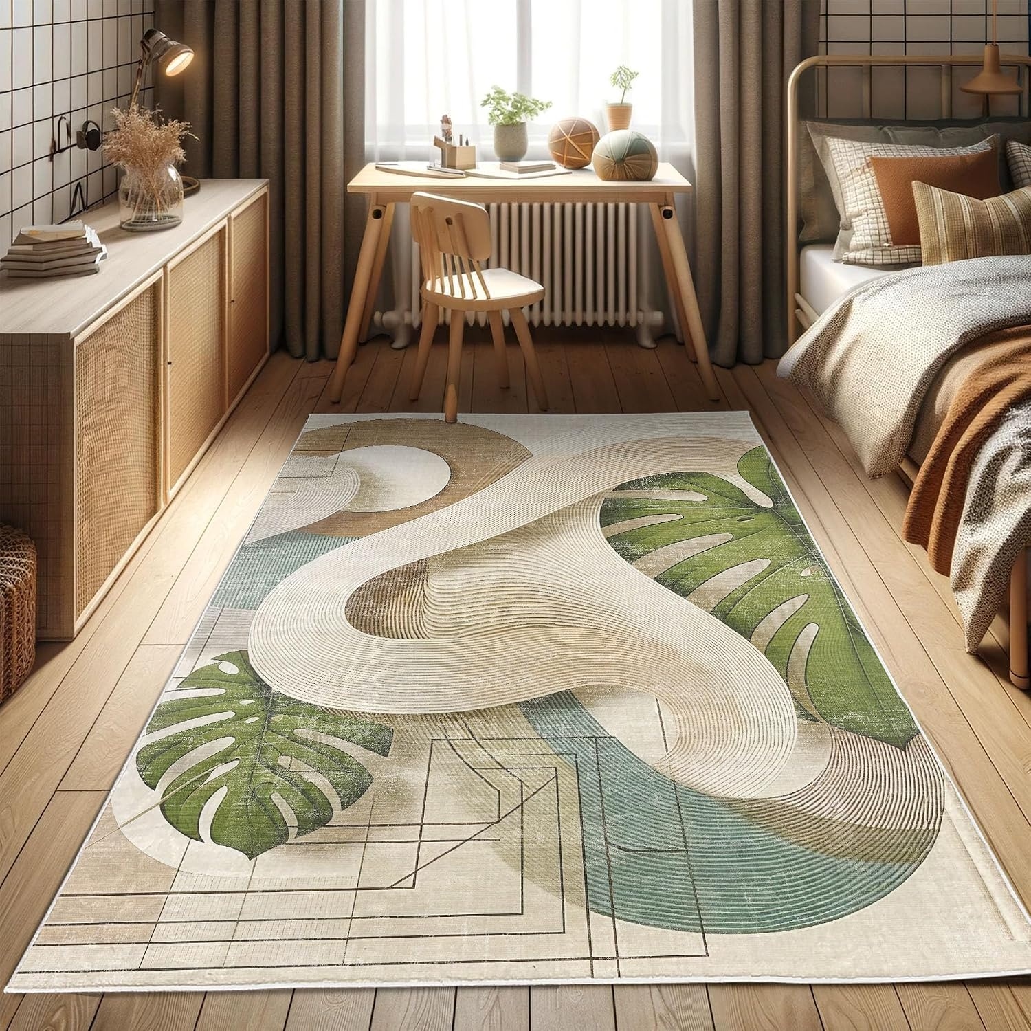 image:imageAmbesonne Modern Boho Decorative Rug Contemporary Urban Jungle Monstera Leaves with Mid Century Lines Quality Carpet for Bedroom Dorm and Living Room 2 2 x 3 7 Olive Green Beige CaramelOlive Green Beige Caramel