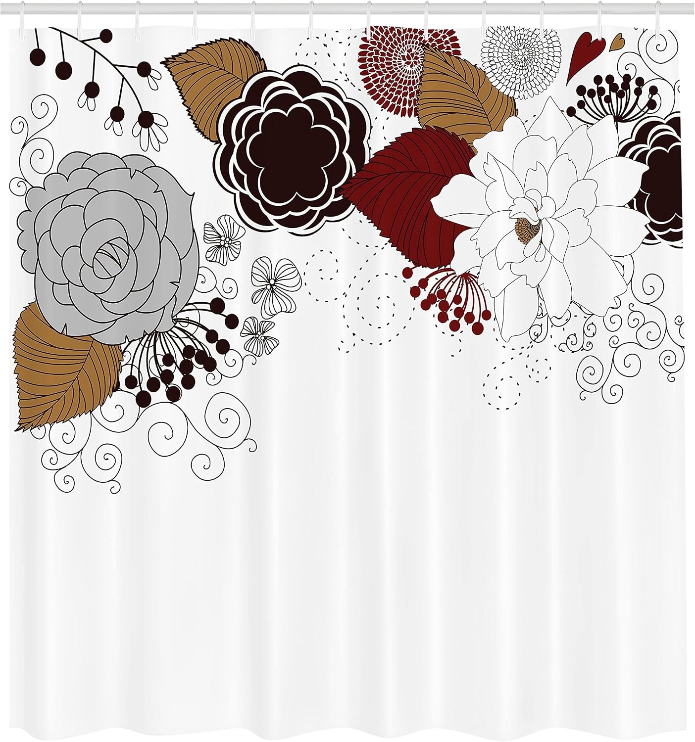 image:imageAmbesonne Spring Shower Curtain Ornamental Florets Blooms in Romantic Style with Leaves of Beauty Graphic Design Cloth Fabric Bathroom Decor Set with Hooks 69 W x 70 L Burgundy White