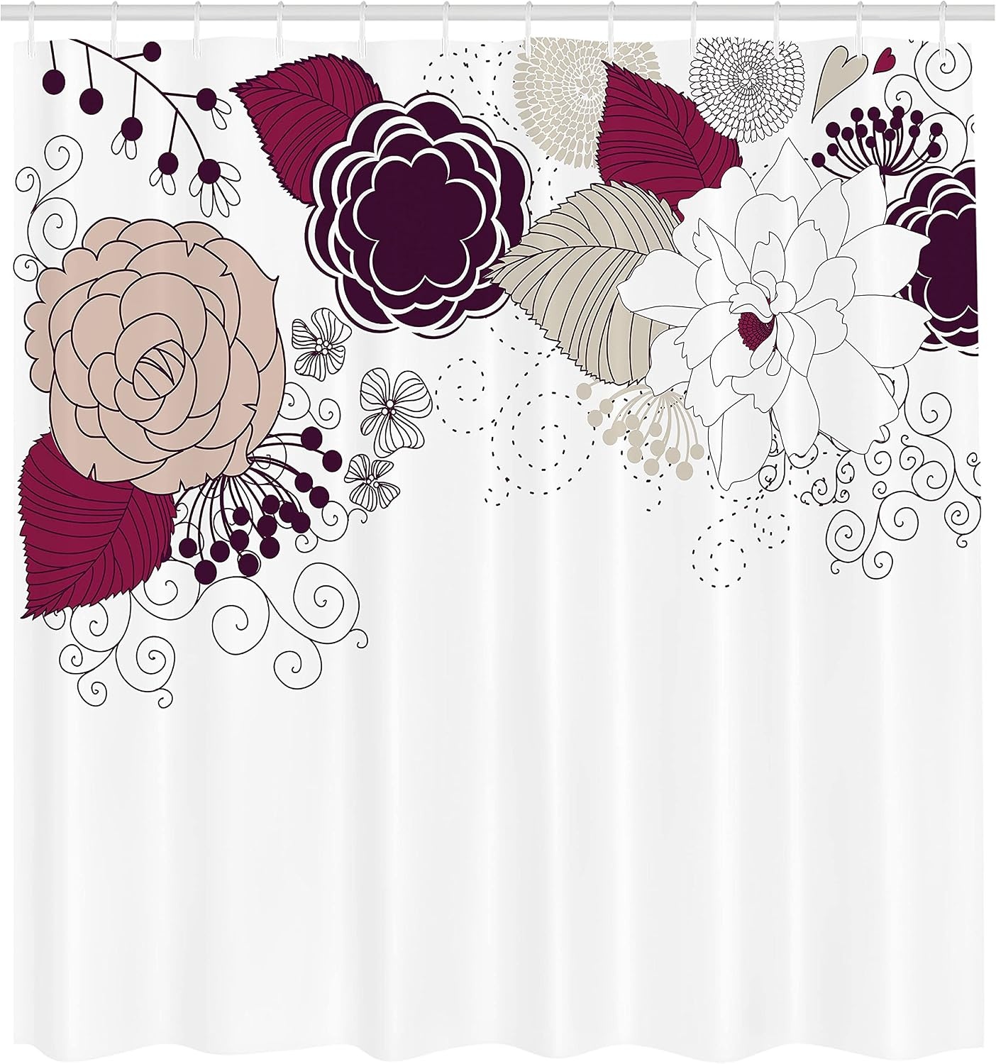 image:imageAmbesonne Spring Shower Curtain Ornamental Florets Blooms in Romantic Style with Leaves of Beauty Graphic Design Cloth Fabric Bathroom Decor Set with Hooks 69 W x 75 L Dark Magenta