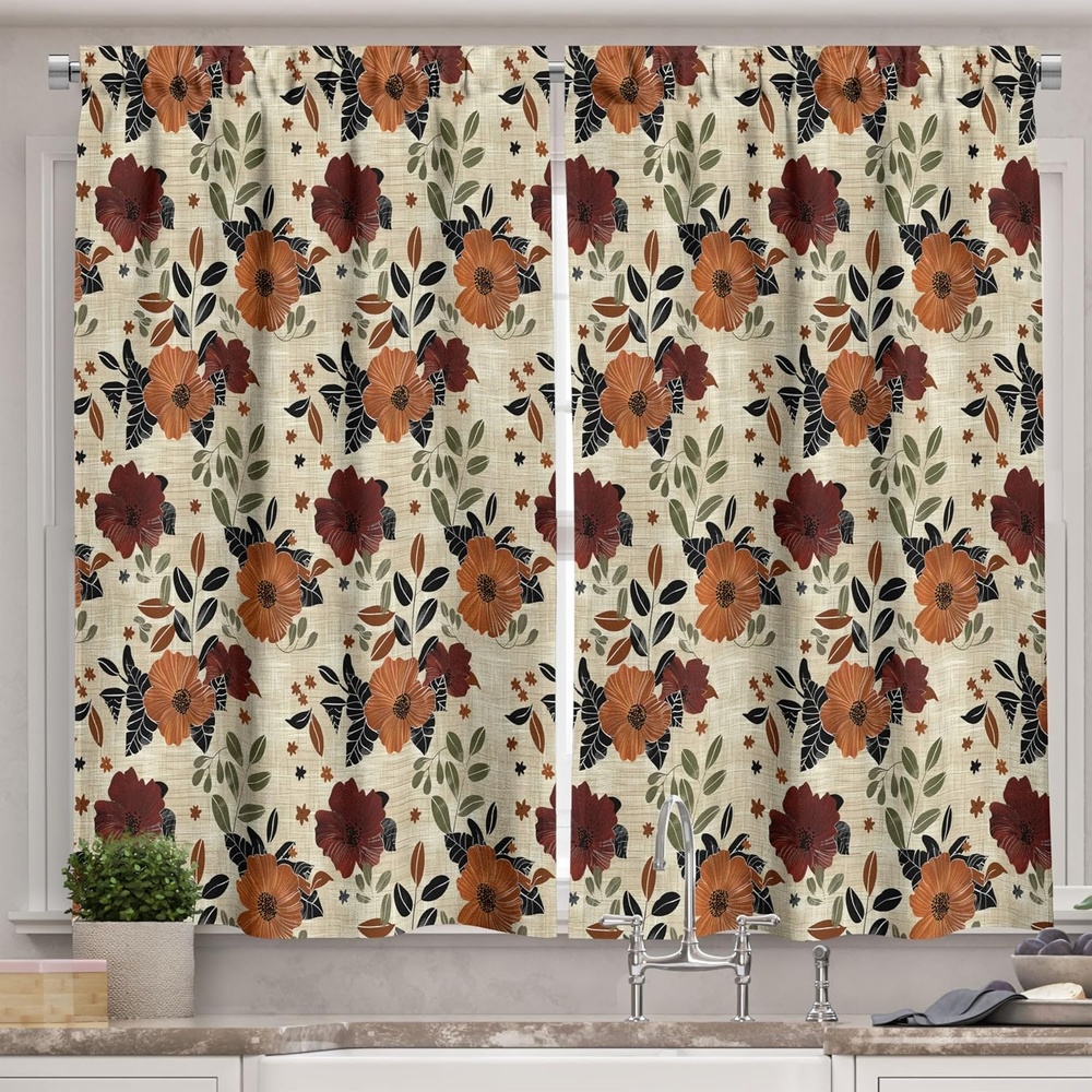 image:imageAmbesonne Floral Kitchen Curtains Vintage Illustration Print of Farmhouse Flowers and Leaves Plain Back Window Drapes 2 Panel Set for Kitchen Cafe Decor 55 x 39 Maroon Amber Grey Yellow