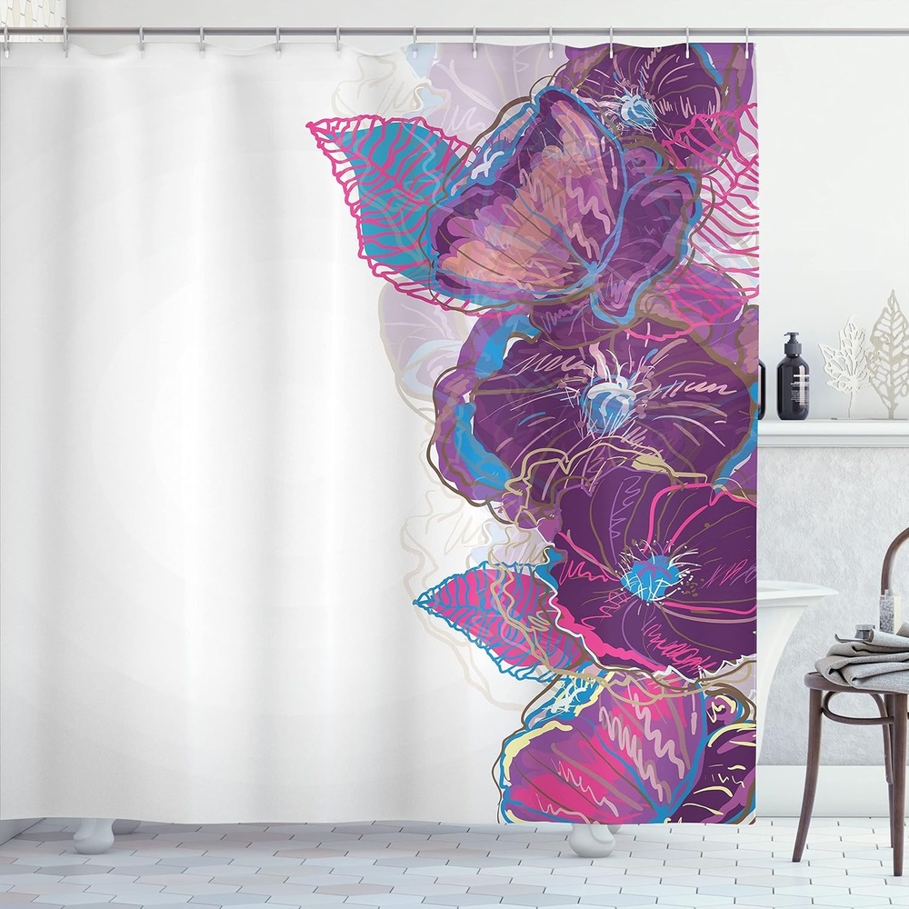 image:imageAmbesonne Floral Shower Curtain Illustration of Poppy Flowers Oil Painting on Canvas Romantic Design Print Cloth Fabric Bathroom Decor Set with Hooks 69 W x 70 L Yellow OrangePurple Pink Blue